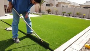 عملية تركيب الثيل الصناعي في حديقة منزلية بالكويت