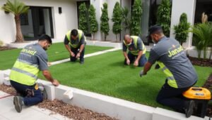 فريق عمل janaalbustan.com أثناء تركيب الثيل الصناعي