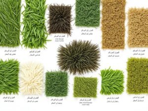 أنواع مختلفة من العشب الصناعي معروضة جنباً إلى جنب مع تفاصيل عن كل نوع