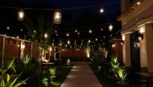 إضاءة مميزة لجلسة خارجية في المساء مع أضواء خيطية وفوانيس
