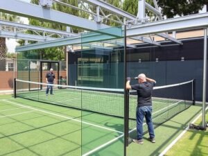 تركيب الهيكل المعدني والجدران الزجاجية لملعب بادل ضمن مشروع تجهيز ملاعب تركيب الهيكل المعدني والجدران الزجاجية لملعب بادل ضمن مشروع تجهيز ملاعب