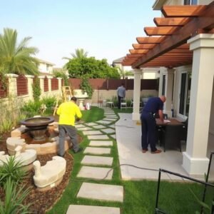 تركيب عناصر ديكور وجلسات خارجية في حدائق الفنيطيس