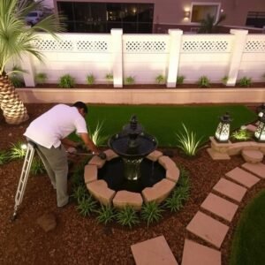 تركيب عناصر ديكورية في الحديقة من قبل منسق حدائق