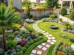 تصميم حدائق منزلية في الكويت مع نباتات متنوعة ومسارات