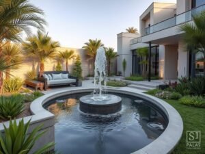 تصميم حديث لحديقة في الشامية مع عناصر مائية