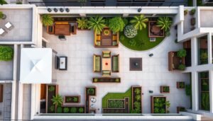 تصميم حديقة سطح مقسمة إلى مناطق وظيفية مختلفة