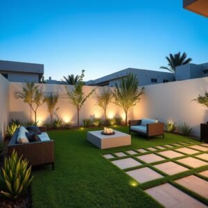 تصميم حديقة عصرية مع جلسات خارجية في الروضة