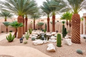 تصميم حديقة على طراز الواحة الصحراوية في سلوى مع نخيل وصبار ونباتات محلية