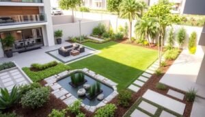 تصميم حديقة منزلية عصرية في العديلية تظهر التنسيق المتكامل للمساحات الخضراء والممرات