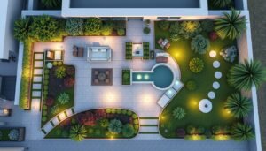 تصميم حديقة منزلية في السالمية يظهر تنسيق حدائق السالمية بشكل متكامل