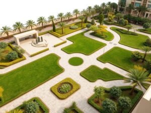 تقسيم منظم للمساحات في حديقة الشهداء مع مناطق متنوعة