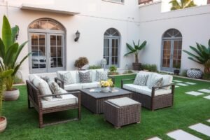 ثيل صناعي مثبت في حديقة منزلية مع جلسة عائلية