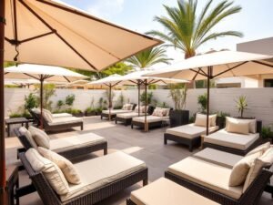 جلسة استرخاء خارجية مع أرائك استلقاء ومظلة واسعة
