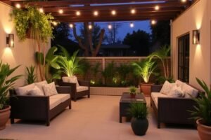 جلسة خارجية أنيقة ضمن تنسيق حدائق الدعية مع إضاءة مميزة