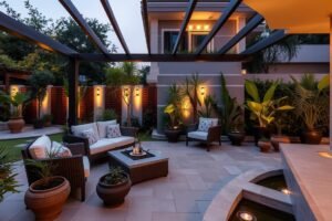 جلسة خارجية أنيقة في حديقة منزلية بالرميثية مع تنسيق حدائق الرميثية احترافي