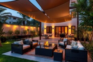 جلسة خارجية أنيقة في حديقة منزلية بالسالمية ضمن مشروع تنسيق حدائق السالمية