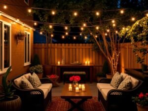 جلسة خارجية رومانسية هادئة مع إضاءة خافتة وإطلالة مميزة