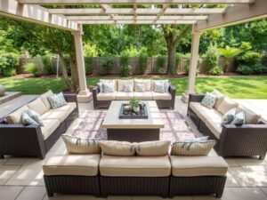 جلسة خارجية عائلية واسعة مع أرائك مريحة وطاولة كبيرة