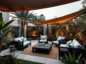 جلسة خارجية في حديقة منزلية باليرموك مع مظلة وأثاث مناسب للمناخ