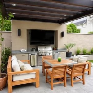 جلسة خارجية مدمجة مع مطبخ صغير للشواء والطهي