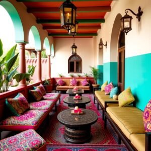 جلسة خارجية مستوحاة من الطابع المغربي مع ألوان زاهية
