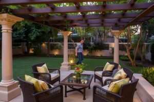 جلسة خارجية مظللة في حديقة بالرميثية مع أثاث مقاوم للعوامل الجوية