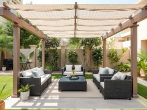 جلسة خارجية مظللة في حديقة منزلية بالكويت