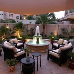 جلسة خارجية مع نافورة في حديقة منزلية بحولي