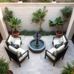 جلسة خارجية مع نافورة في مشروع تنسيق حدائق السالمية