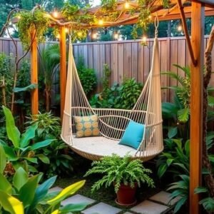 جلسة خارجية معلقة مع أرجوحة كبيرة وسط الحديقة