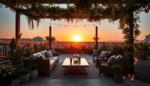 جلسة خارجية مكتملة العناصر تجمع بين الراحة والجمال في تناغم مثالي