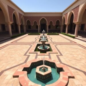 حديقة بتصميم إسلامي تقليدي في العديلية تظهر التناظر والنوافير