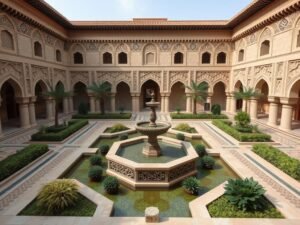 حديقة بتصميم إسلامي تقليدي مع نافورة مركزية وهندسة متناظرة حديقة بتصميم إسلامي تقليدي مع نافورة مركزية وهندسة متناظرة