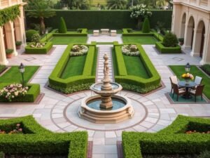 حديقة بتصميم كلاسيكي في المنصورية مع نافورة وممرات حجرية