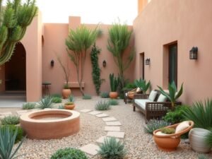 حديقة بطراز متوسطي معدل مع نباتات متحملة للجفاف وألوان دافئة حديقة بطراز متوسطي معدل مع نباتات متحملة للجفاف وألوان دافئة