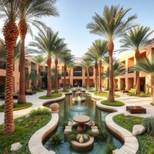 حديقة على طراز الواحة في العديلية مع النخيل والمسطحات المائية