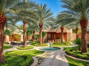 حديقة على طراز الواحة مع نخيل وظلال ومساحات خضراء حديقة على طراز الواحة مع نخيل وظلال ومساحات خضراء