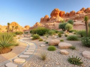 حديقة مستوحاة من الصحراء مع نباتات محلية وعناصر طبيعية حديقة مستوحاة من الصحراء مع نباتات محلية وعناصر طبيعية