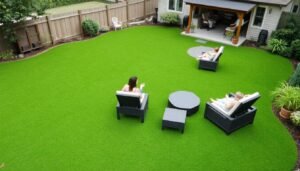 حديقة منزلية جميلة مع ثيل صناعي أخضر زاهي