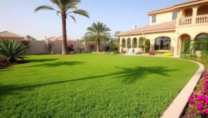 حديقة منزلية جميلة مع ثيل طبيعي أخضر في الكويت