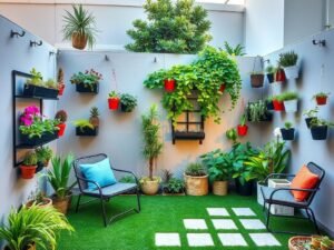 حديقة منزلية صغيرة المساحة مع تنسيق عمودي للنباتات حديقة منزلية صغيرة المساحة مع تنسيق عمودي للنباتات