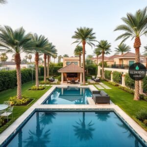 حديقة منزلية واسعة مع مسبح في منطقة الصديق