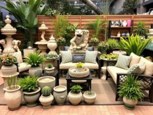 Elegant garden decor with plants and seating.