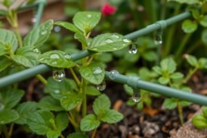 ري النباتات في حديقة منزلية باستخدام نظام ري بالتنقيط ري النباتات في حديقة منزلية باستخدام نظام ري بالتنقيط