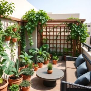 شرفة خضراء مع تنسيق نباتات متنوعة ومقاعد للاسترخاء