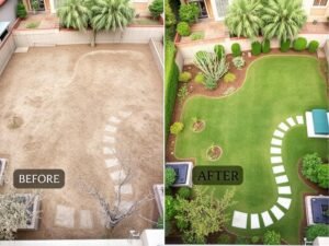 صورة قبل وبعد لمشروع تنسيق حديقة في منطقة قريبة من حولي