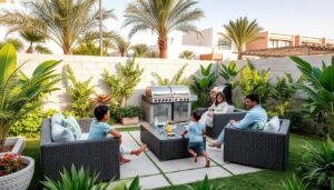 عائلة تستمتع بوقتها في حديقة منزلية منسقة بالروضة