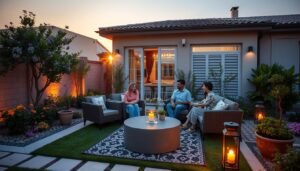 عائلة تستمتع بوقتها في حديقة منزلية منسقة بشكل جميل عائلة تستمتع بوقتها في حديقة منزلية منسقة بشكل جميل