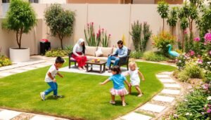 عائلة تستمتع بوقتها في حديقة منزلية منسقة في الدعية توضح فوائد تنسيق حدائق الدعية