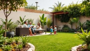 عائلة تستمتع بوقتها في حديقة منزلية منسقة في الزهراء